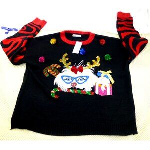 Rafiana Black Christmas Combo Sweater Large Cat With Antlers Glitter Details &